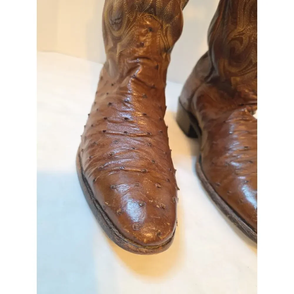 Vtg Dan Post Mens 9.5 Ew Brown Ostrich Leather Cowboy Boots